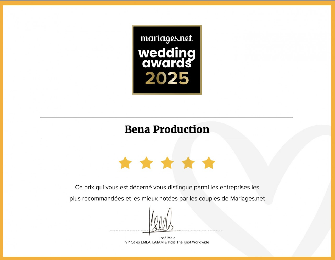 BENA PRODUCTION remporte le Wedding Award 2025 de Mariages.net !